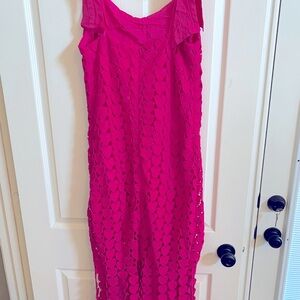 Umgee Hot Pink Heart Lace Fringe Maxi Dress With Bow Tie Strap NWT